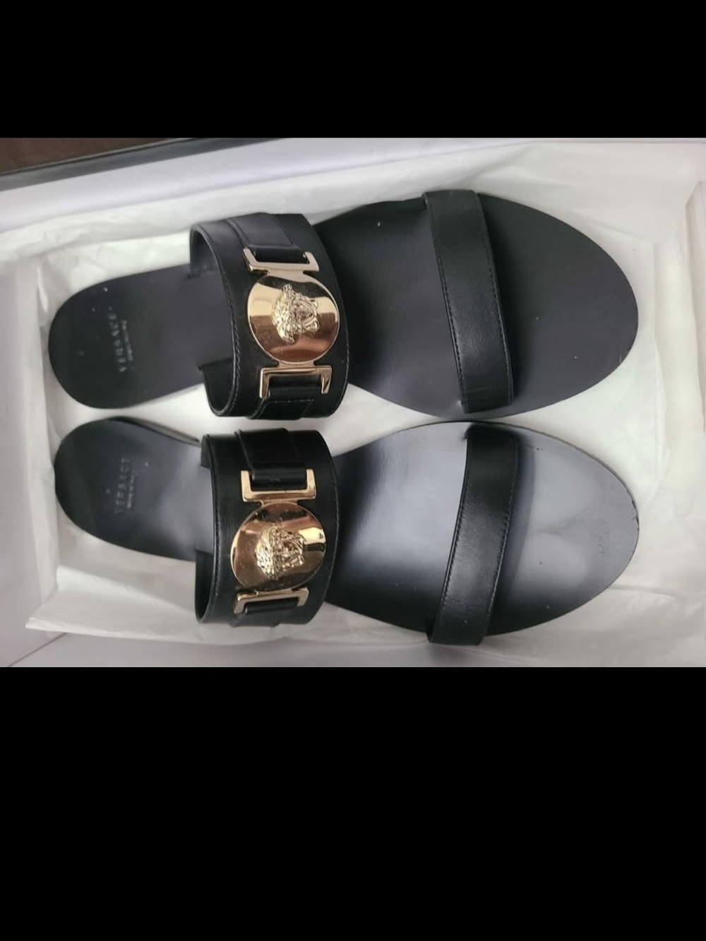 Versace Black Leather Medusa Slide Sandals with Gold Medallions